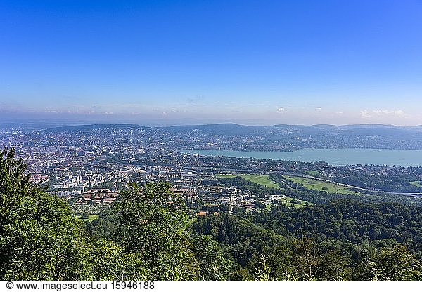 View from the Uetliberg to the city of Zurich and Lake Zurich  Top of Zurich  Canton Zurich  Switzerland  Europe