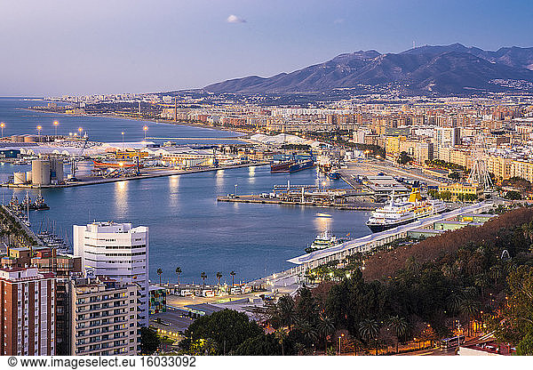 View from the view point of Gibralfaro by the castle with the harbor of Malaga at sunrise  Malaga  Andalusia  Spain  Europe