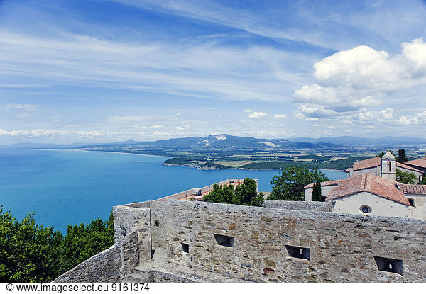 View from Torre di Populonia of Populonia Castle and the Gulf of Baratti  Populonia  Province of Livorno  Tuscany  Italy