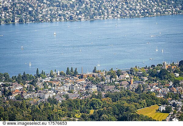 View from Uetliberg Lake Zurich with sailing boats  Canton Zurich  Switzerland  Europe