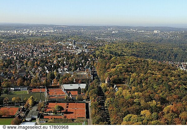 View in autumn from the Stuttgart TV tower of Stuttgart Degerloch  Waldau sports grounds  in the back on the right University of Stuttgart  state capital Stuttgart  Baden-Württemberg  Germany  Europe