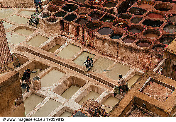 View inside of old medina in Fes  a traditional and old tannery with w