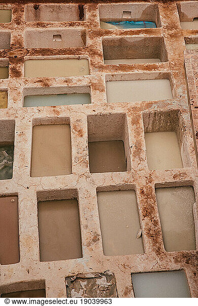 View inside of old medina in Fes  a traditional and old tannery with w