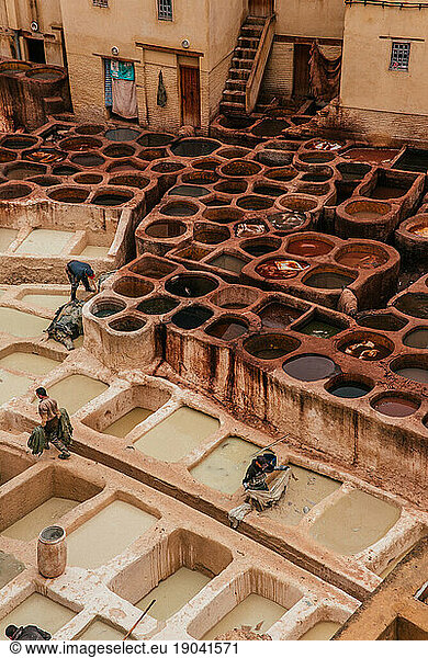 View inside of old medina in Fes  a traditional and old tannery with w