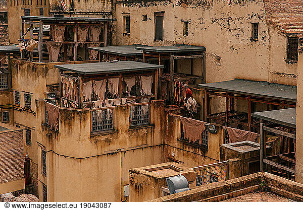 View inside of old medina in Fes  a traditional and old tannery with w