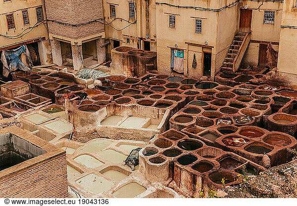 View inside of old medina in Fes  a traditional and old tannery with w