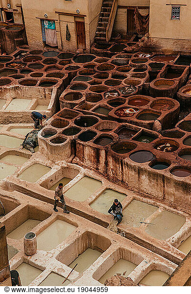 View inside of old medina in Fes  a traditional and old tannery with w