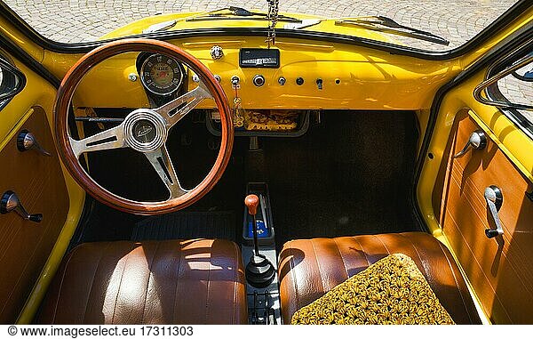 View into the cockpit of a Fiat Nuova 500 Cinquecento  classic car  vintage car  Stuttgart  Baden-Württemberg  Germany  Europe