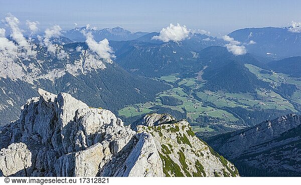 View into the valley on the way to the Hochkalter  mountains and alpine foreland  Bavaria  Germany  Europe