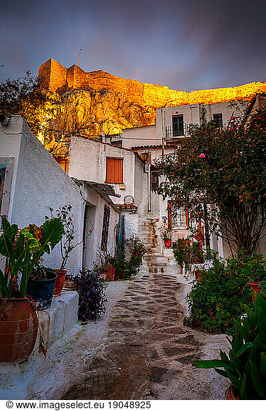 View of Acropolis from Anafiotika neighborhood in the old town.