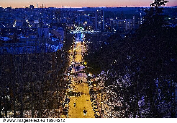 View of Atenas park and Ronda de Segovia street from the heights with people taking pictures and enjoying the snowy landscape on January 11  2021 in Madrid  Spain. Storm Filomena brought more than 50cm of snow to the Spanish capital  the most in decades.