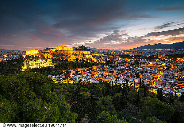 View of Athens from Filopappou hill at sunrise  Greece.