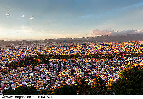 View of Athens from Lycabettus hill at sunset  Greece.