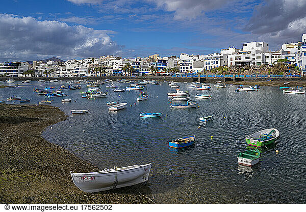 View of Baha de Arrecife Marina and surrounded by shops  bars and restaurants  Arrecife  Lanzarote  Canary Islands  Spain  Atlantic  Europe