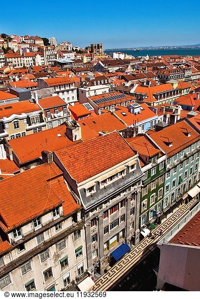 View of Baixa and Alfama from Santa Justa Lift or Carmo Lift  Elevador de Santa Justa  Baixa  Lisbon  Portugal  Europe.