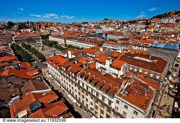 View of Baixa and Rossio square from Santa Justa Lift or Carmo Lift  Elevador de Santa Justa  Baixa  Lisbon  Portugal  Europe.