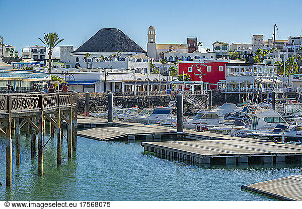 View of boats and the restaurants in Rubicon Marina  Playa Blanca  Lanzarote  Canary Islands  Spain  Atlantic  Europe