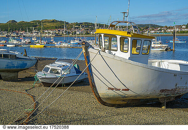 View of boats on the beach with Conwy River visible in background,  Conwy,  Gwynedd,  North Wales,  United Kingdom,  Europe