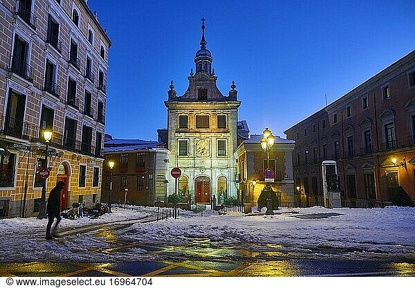 View of Cathedral Church of the Armed Forces at sunset on January 11  2021 in Madrid  Spain. Storm Filomena brought more than 50cm of snow to the Spanish capital  the most in decades.