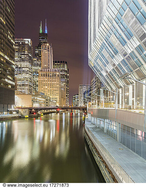 View of Chicago river during night  Chicago  USA