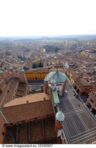 View of Cremona from the Torrazzo the bell tower of the Cathedral of Cremona Lombardy Italy