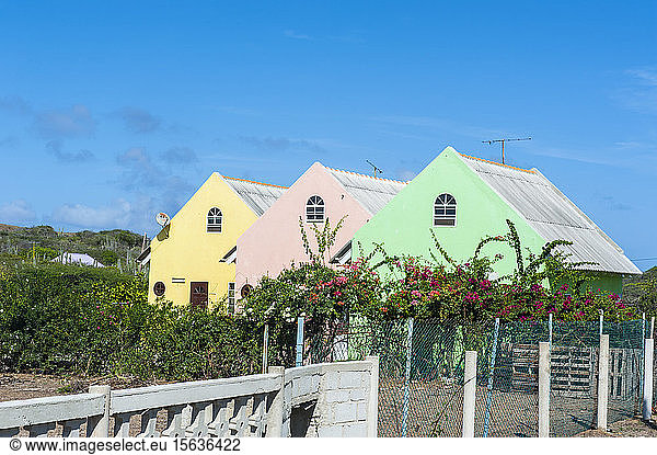 View of farmhouses against blue sky at Curacao  ABC Islands  Caribbean