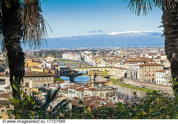 View of Florence and its bridges  Florence  UNESCO World Heritage Site  Tuscany  Italy  Europe