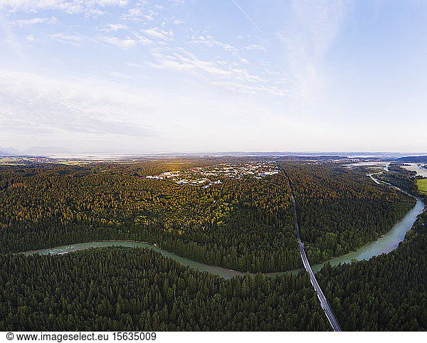View of Geretsried and Isar River with Tattenkofen bridge  Nature Reserve Isarauen  Upper Bavaria  Bavaria  Germany