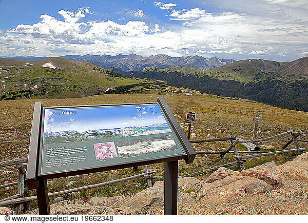 View of Gore Range and information sign  Trail Ridge Road  Rocky Mountain National Park  Colorado  USA