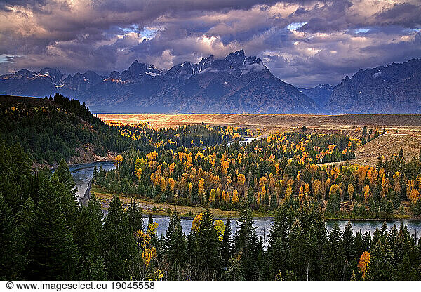 View of Grand Teton National Park's Teton Mountain Range taken from Snakeriver Overlook in Wyoming  USA; Fall 2008