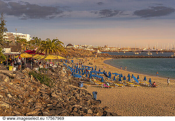 View of hotel and Rubicon Marina overlooking Playa Dorada Beach  Playa Blanca  Lanzarote  Canary Islands  Spain  Atlantic  Europe