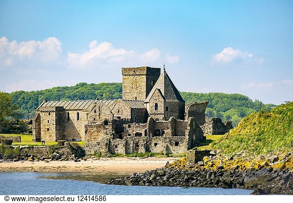 View of Incholm Abbey on Inchcolm Island in on the Firth of Forth river in Scotland  UK  United Kingdom.