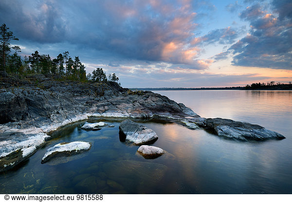 View of Ladoga Lake from Iso Koirasaari Island at sunset  Ladoga Lake  Republic of Karelia  Russia
