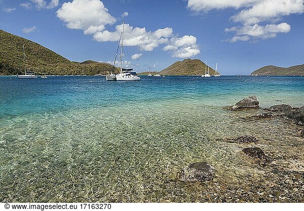 View of Leinster Bay with boats in harbor on the island of St. John in the United States Virgin Islands.