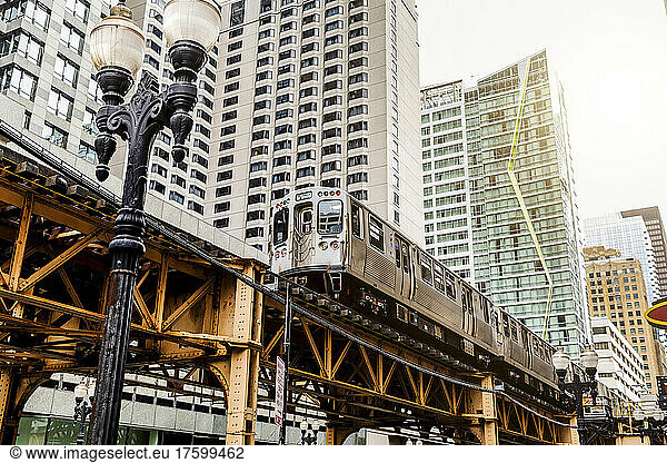 View of loop elevated train and skyscraper at  Chicago  USA