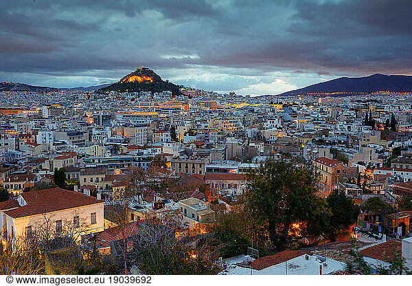 View of Lycabettus hill from Anafiotika neighborhood  Athens.