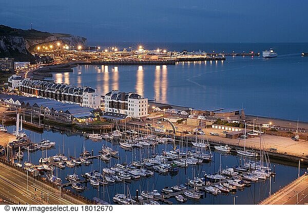 View of marina and coastal harbour at night  Western Docks  Eastern Docks and ferry port  Port of Dover  Dover  Kent  England  United Kingdom  Europe