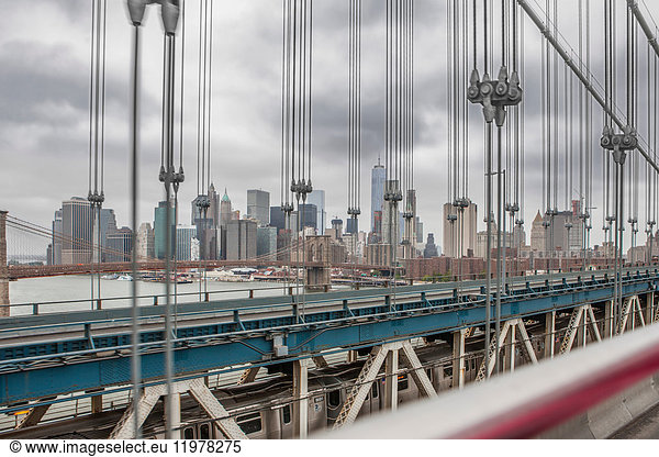 View of New York skyline from Manhattan Bridge  New York City  New York  USA