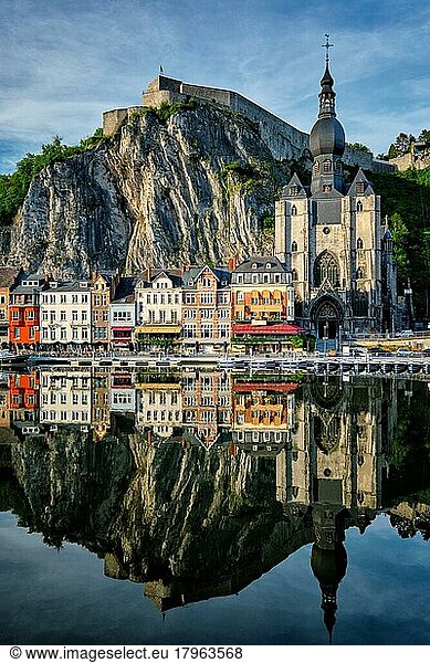 View of picturesque Dinant town  Dinant Citadel and Collegiate Church of Notre Dame de Dinant over the Meuse river. Belgian province of Namur  Blegium