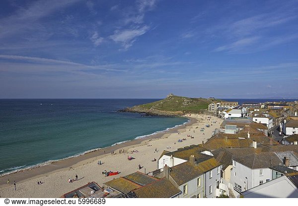 View of Porthmeor beach in summer from Tate Gallery  St. Ives  Cornwall  England  United Kingdom  Europe