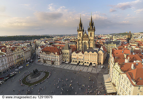 View of Prague's historic Old Town Square from Old Town Hall with rooftops and Church of Our Lady before Tyn  UNESCO World Heritage Site  Prague  Czech Republic  Europe