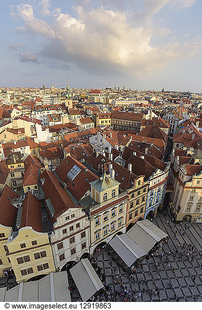 View of Prague's historic Old Town Square from Old Town Hall with rooftops and pedestrians below  UNESCO World Heritage Site  Prague  Czech Republic  Europe