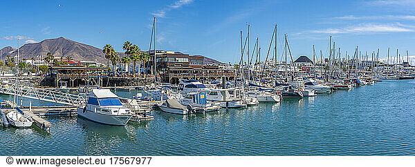 View of restaurant and boats in Rubicon Marina  Playa Blanca  Lanzarote  Canary Islands  Spain  Atlantic  Europe
