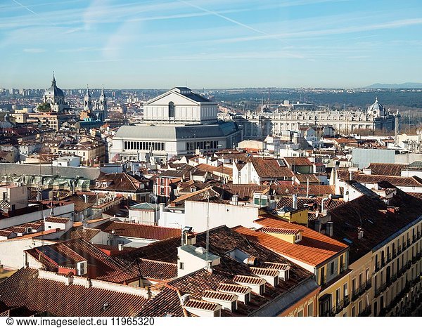 View of roof with Palacio Real  Opera House and Almudena Cathedral. Madrid  Spain