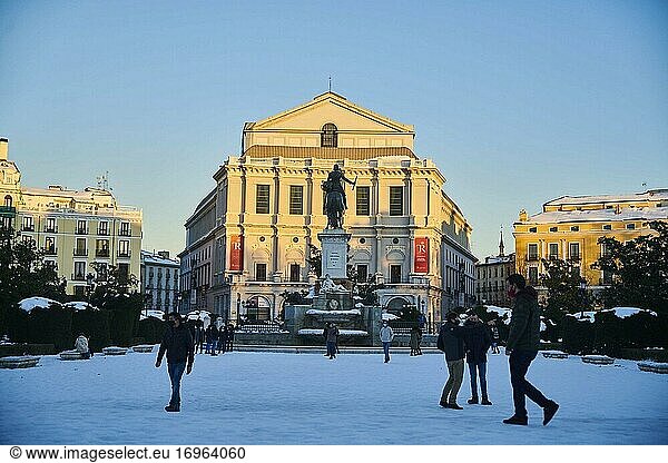 View of Royal Teather with a big withe snow square at sunset with people taking pictures and enjoy with snow landscape on January 11  2021 in Madrid  Spain. Storm Filomena brought more than 50cm of snow to the Spanish capital  the most in decades.