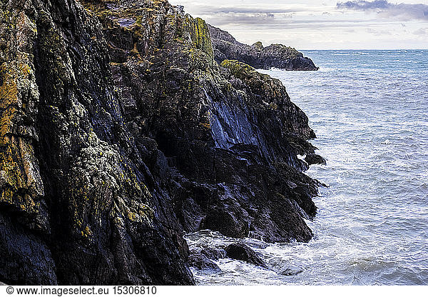 View of rugged cliffs along the coastline of Pembrokeshire National Park  Wales  UK.