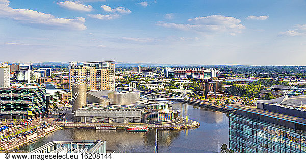 View of Salford Quays looking towards the Lowry Theatre and Old Trafford  Manchester  Greater Manchester  England  United Kingdom  Europe