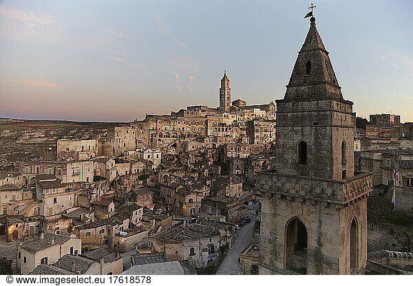 View of Sassi di Matera prehistoric cave buildings Matera.; Matera Basilicata Province Italy.