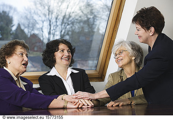 View of smiling business women conversing with each other.