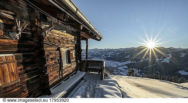 View of snow-covered mountains of Bixen im Thale  winter landscape  mountain hut in the snow  at the skiing area Bixen im Thale  Tyrol  Austria  Europe